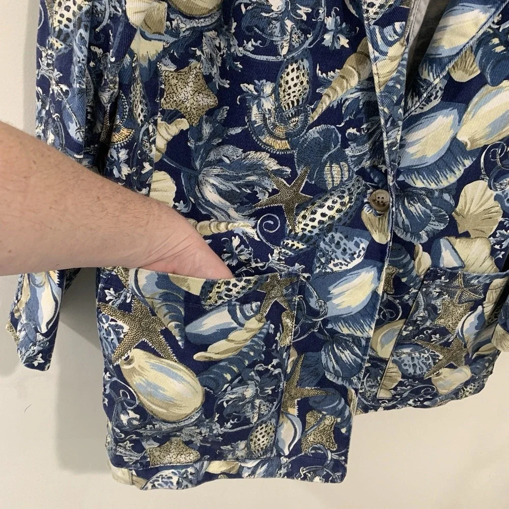 Vtg Novelty Blazer Jacket Womens Medium Seashell Canvas Nautical Coastal Beach